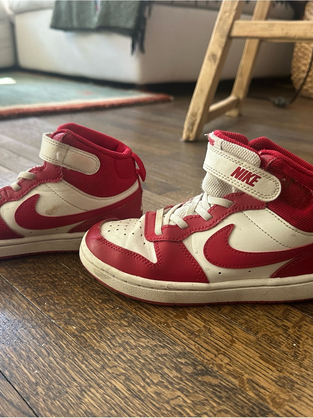 Nike Kids Red and White High-Top Sneakers with Hook-and-Loop Strap